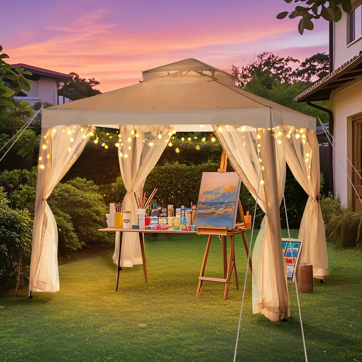 Sunjoy 8 x 8 ft. Soft Top Gazebo, Outdoor Patio Backyard Modern 2-Tier Steel Frame Gazebo with Mesh Netting - Beige & White