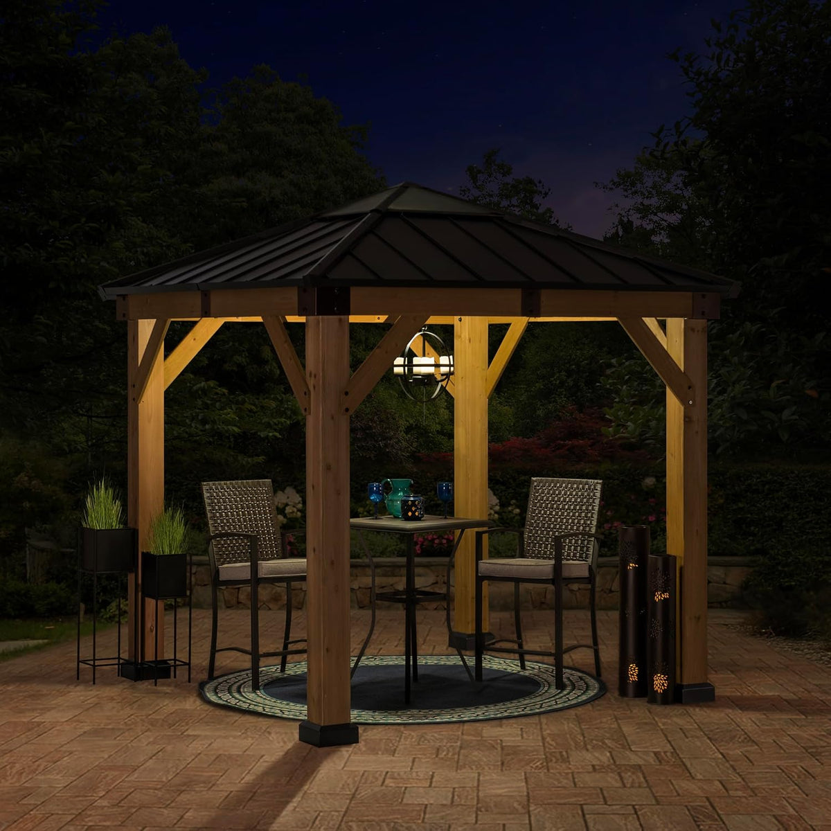 Sunjoy Hardtop Gazebo 9 x 9 ft. Upgrade Cedar Framed Wood Gazebo with Brown Steel & Polycarbonate Hip Roof Hardtop for Garden, Backyard Shade, Brown Roof + Natural Wood Frame
