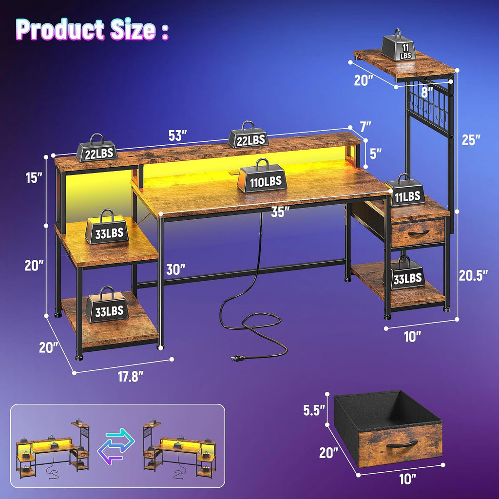 DurayLoly 63' Computer Desk with LED Lights & Outlets,Office Desk with Drawers & Monitor Stand,Gaming Desk with 3 Storage Shelves, Hooks& Printer Space for Game&Study Room,Home Office,Bedroom,Brown