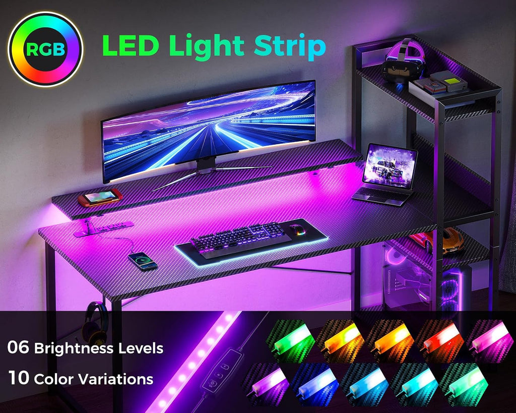 ODK Reversible Gaming Desk LED Lights, 40 Inch Computer Desk with Storage Shelves & Monitor Stand, Study Table for Home Office, Small Space Bedroom, Carbon Fiber Black