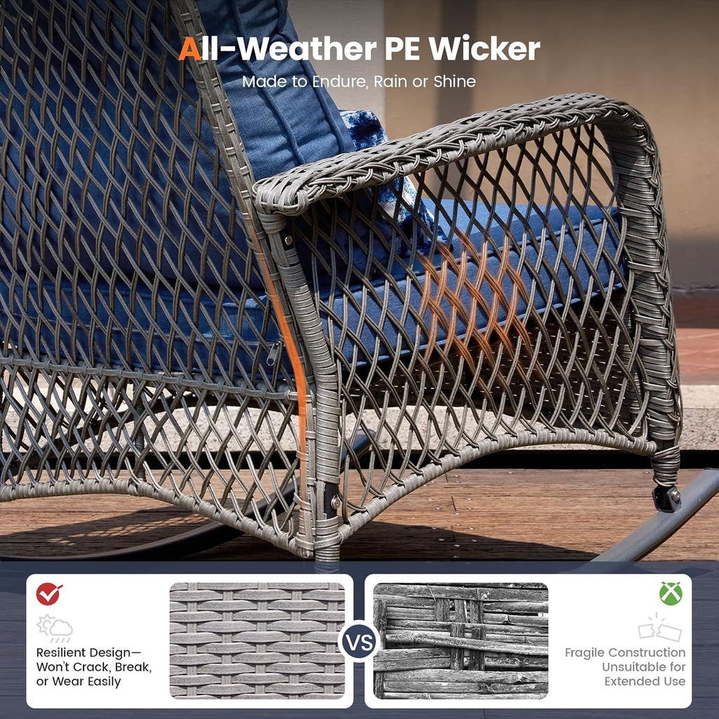 UDPATIO Rocking Chair Outdoor Set 2 with Coffee Table, 3 Piece Wicker Rocking Bistro Set with 4' Water-Resistant Cushions, Oversized, 350lbs Heavy-Duty, for Porch, Patio, Balcony, Grey/Blue