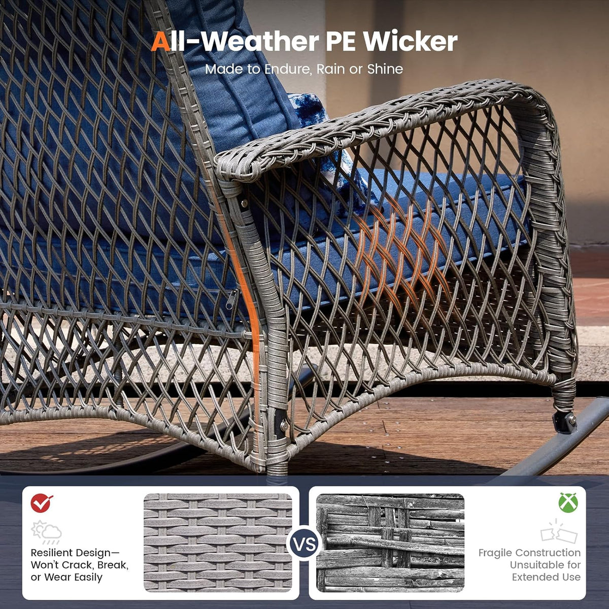 UDPATIO Rocking Chair Outdoor Set 2 with Coffee Table, 3 Piece Wicker Rocking Bistro Set with 4' Water-Resistant Cushions, Oversized, 350lbs Heavy-Duty, for Porch, Patio, Balcony, Grey/Blue