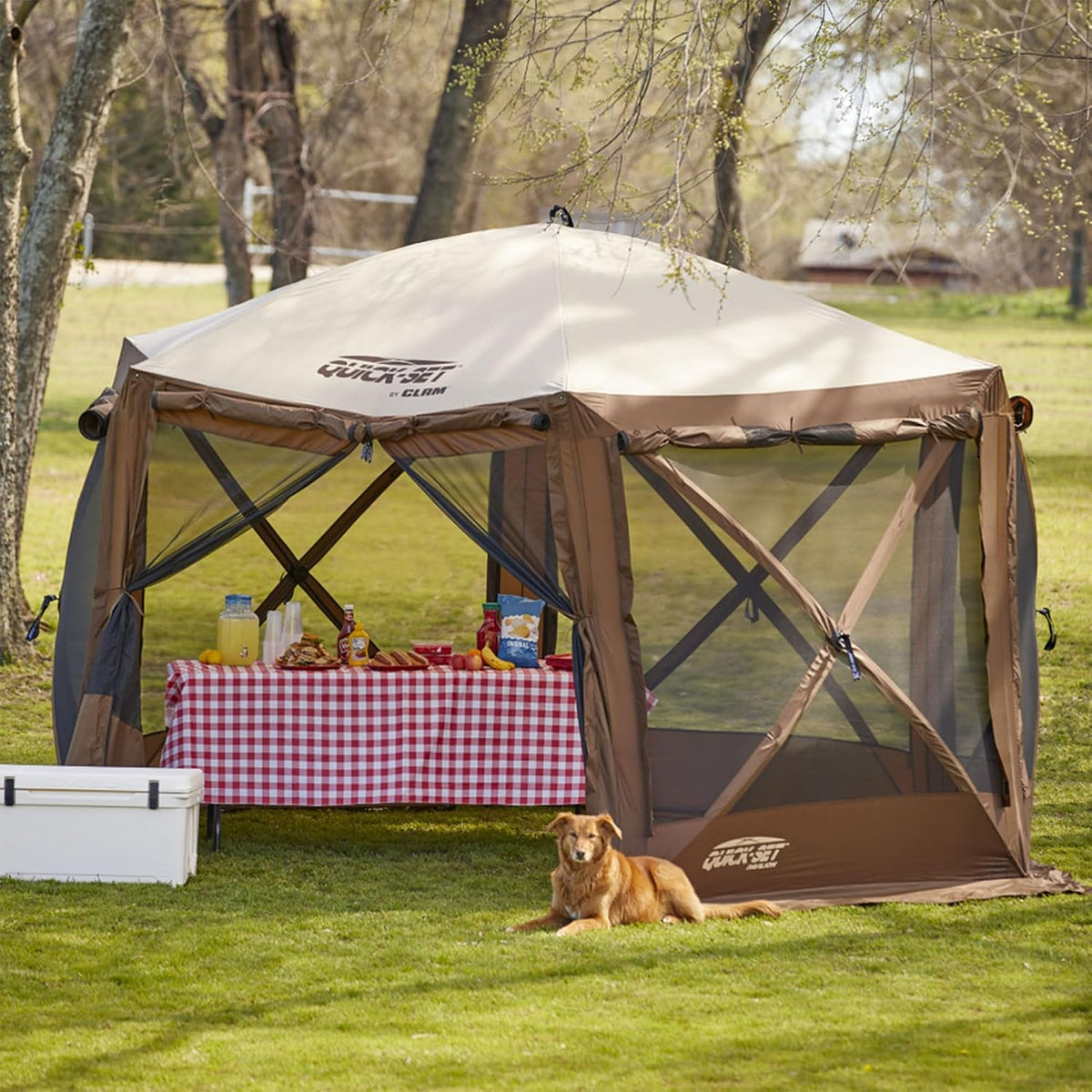 CLAM Quick-Set Pop Up Screen Tent, Pavilion, 12.5 ft, Instant Setup Brown Large Outdoor Gazebo Canopy Shelter, Spacious 8-Person Bug-Free Tent for Parties, Backyard, Camping, Events - Brown