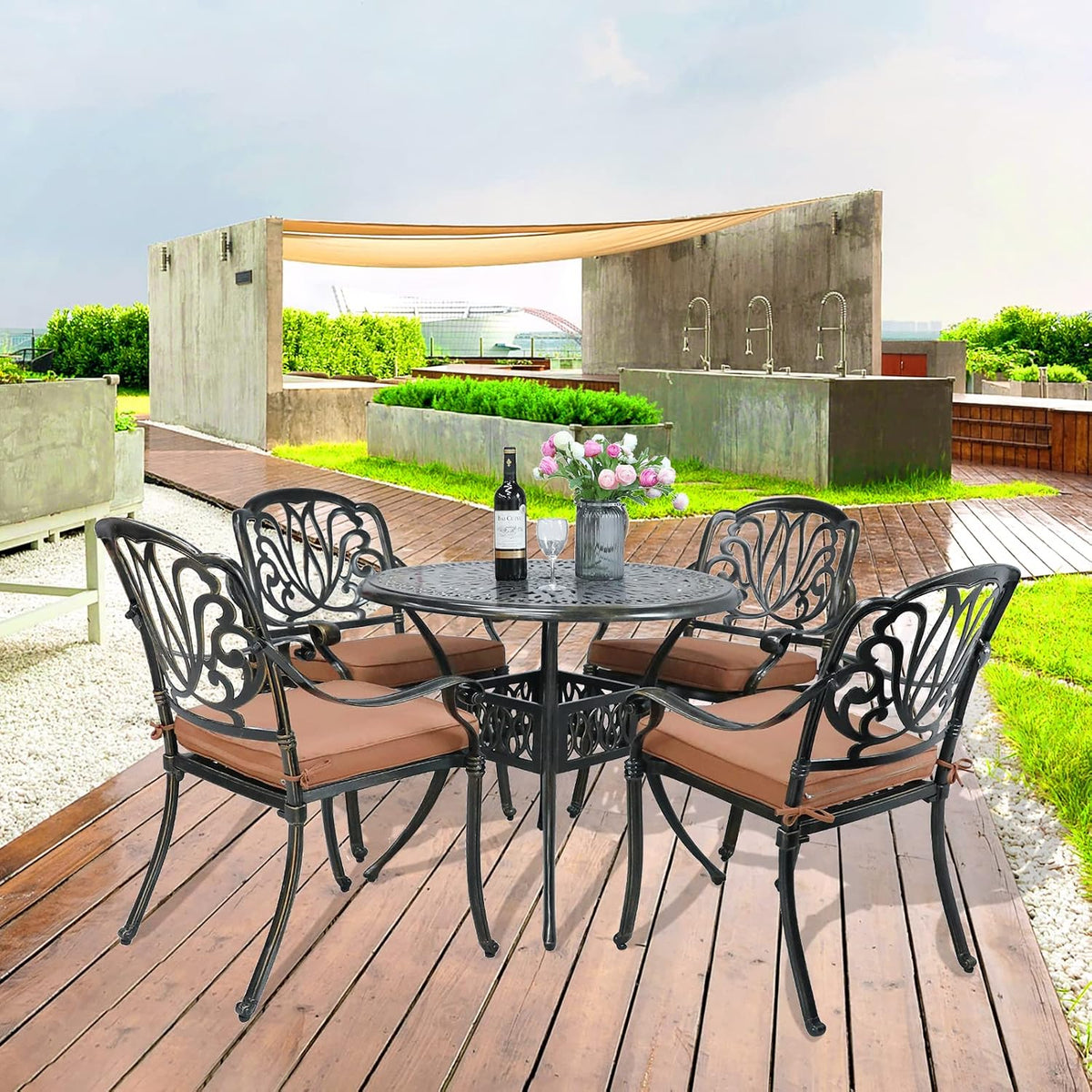 VIVIJASON 5-Piece Outdoor Patio Dining Set, All-Weather Cast Aluminum Conversation Set, Patio Furniture Set for Balcony Lawn Garden, Include 4 Cushioned Chairs, a 35.4 inch Round Table w/Umbrella Hole