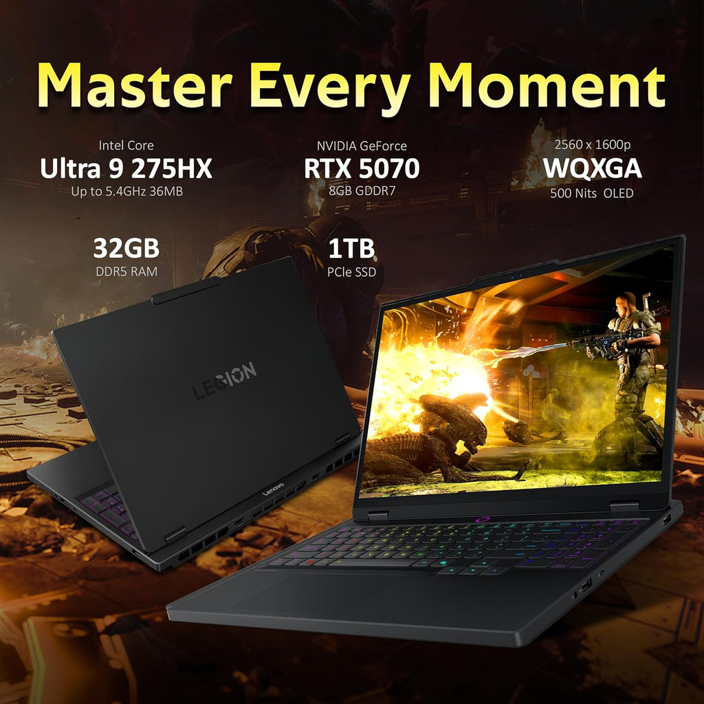 Lenovo Legion 5 AI-Powered Gaming Laptop, Intel Ultra 9 275HX, GeForce RTX 5070 GDDR7, 15.1' WQXGA 165Hz, 32GB DDR5, 2TB Storage (1TB SSD+1TB Docking), RGB Backlit Keyboard, Wi-Fi 7, Win 11 Pro, Black