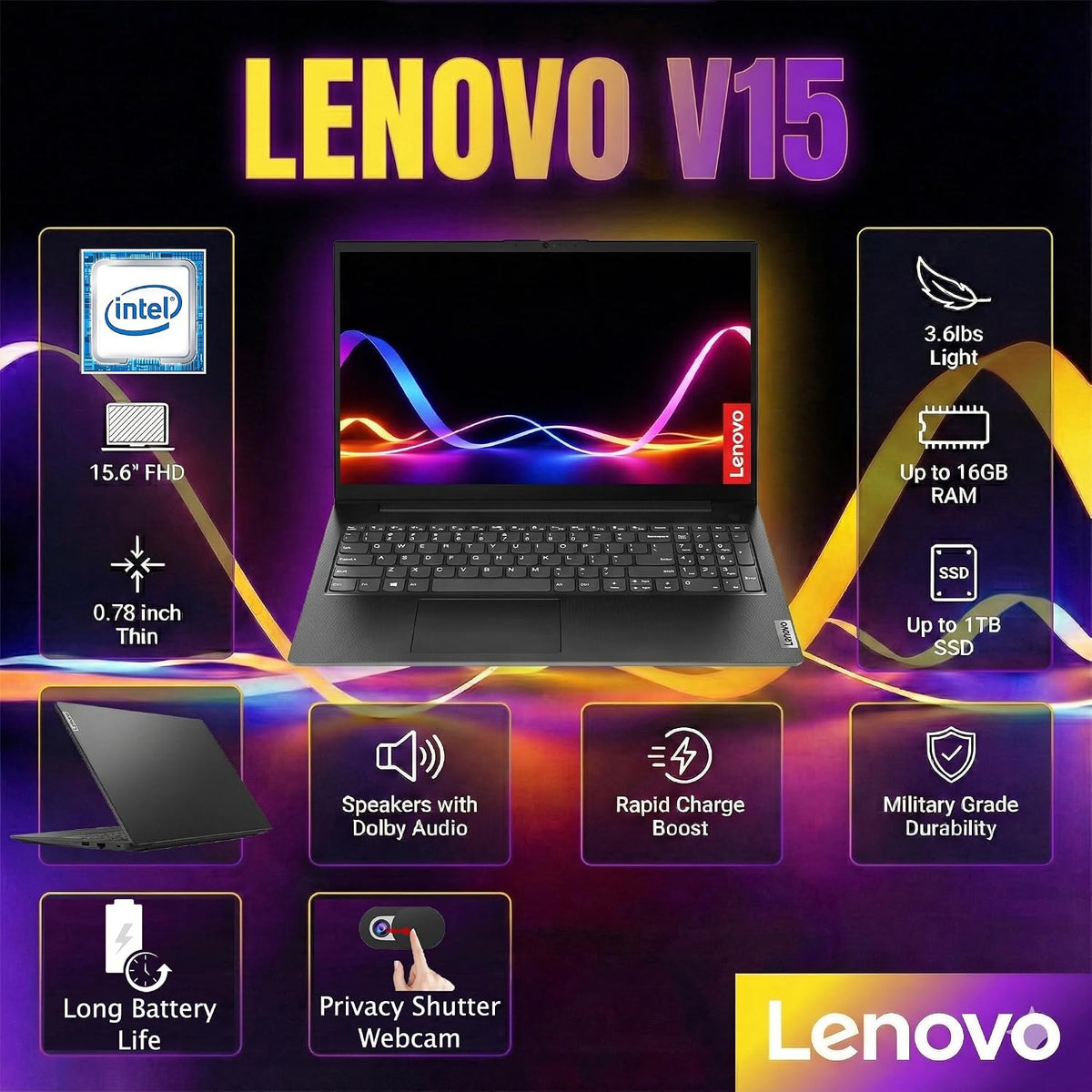 Lenovo Laptop Computer for Business and Home Student Study, 15.6' FHD, Intel Dual Core Processor, 16GB DDR4 RAM, 1TB PCIe SSD, WiFi 6, Bluetooth 5.2, HDMI, Type-C, Ethernet, Black