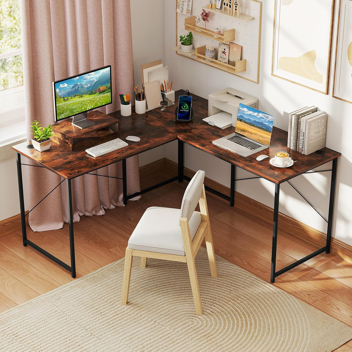 Tangkula L-Shaped Computer Desk with Power Outlets, 95' Long 2-Person Desk with Monitor Shelf, Modern Corner Desk Gaming Table with USB Ports for Home Office
