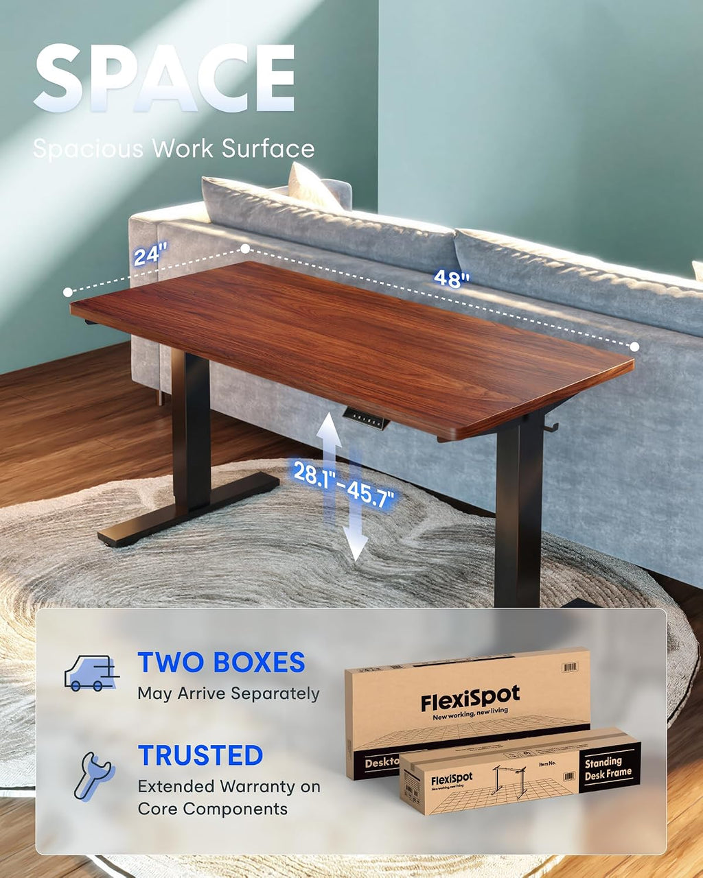 FLEXISPOT EN1 One-Piece Standing Desk, Electric Adjustable with 4 Memory Presets, 176 LBS Capacity, Stable & Quiet, Seamless Desktop for Home Office & Dual Monitors, 48'x24' Mahogany