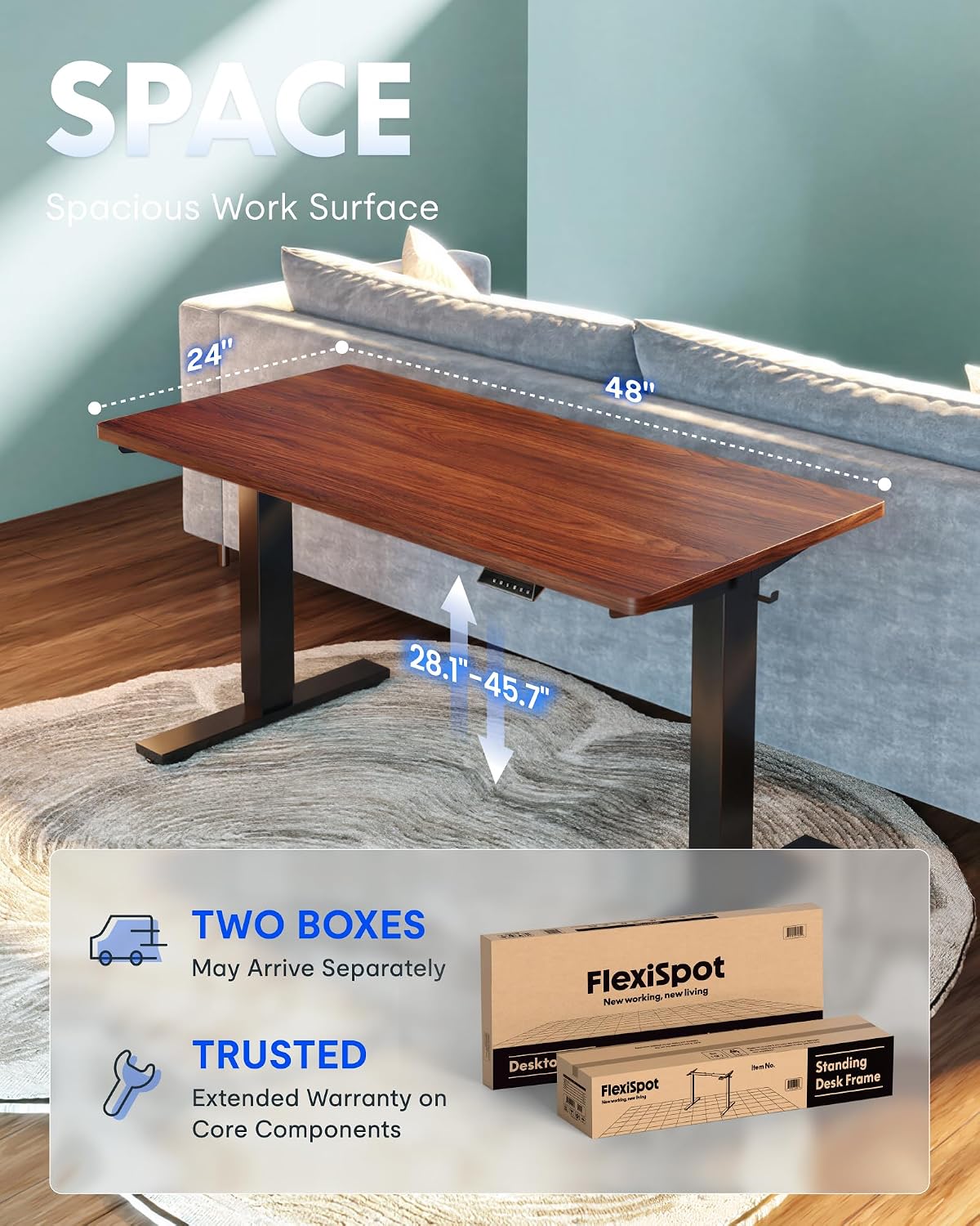 FLEXISPOT EN1 One-Piece Standing Desk, Electric Adjustable with 4 Memory Presets, 176 LBS Capacity, Stable & Quiet, Seamless Desktop for Home Office & Dual Monitors, 48'x24' Mahogany