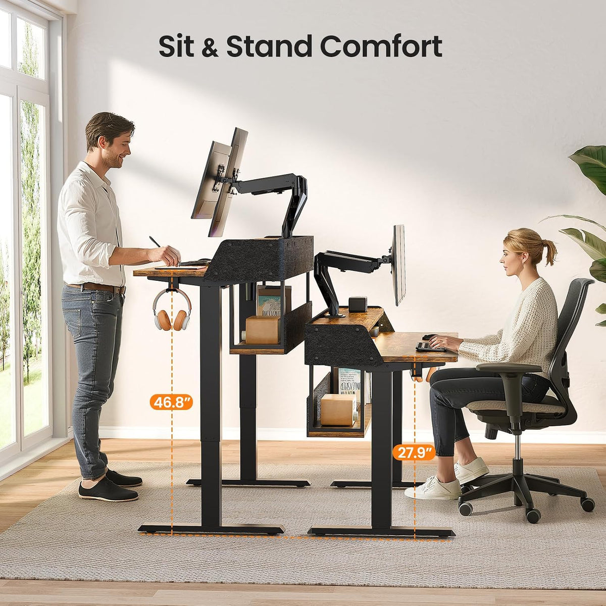 ErGear Electric Standing Desk, 48x24 Inch Adjustable Sit Stand Desk with Bookshelf & Monitor Stand, Standing Gaming Desk with LED Light Strip, Stand Up Desk for Home Office, Vintage Brown