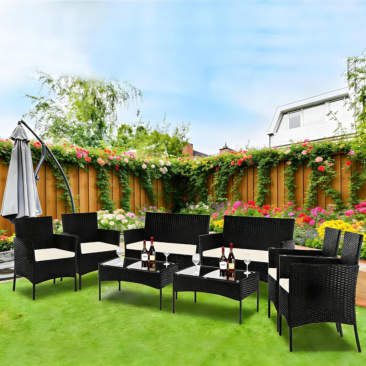 8PCS Patio Conversation Set | Outdoor Patio Furniture Set | Outdoor Sectional Sofa Set | 4 Single Sofa, 2 Loveseats and 2 Tea Tables for Backyard, Deck