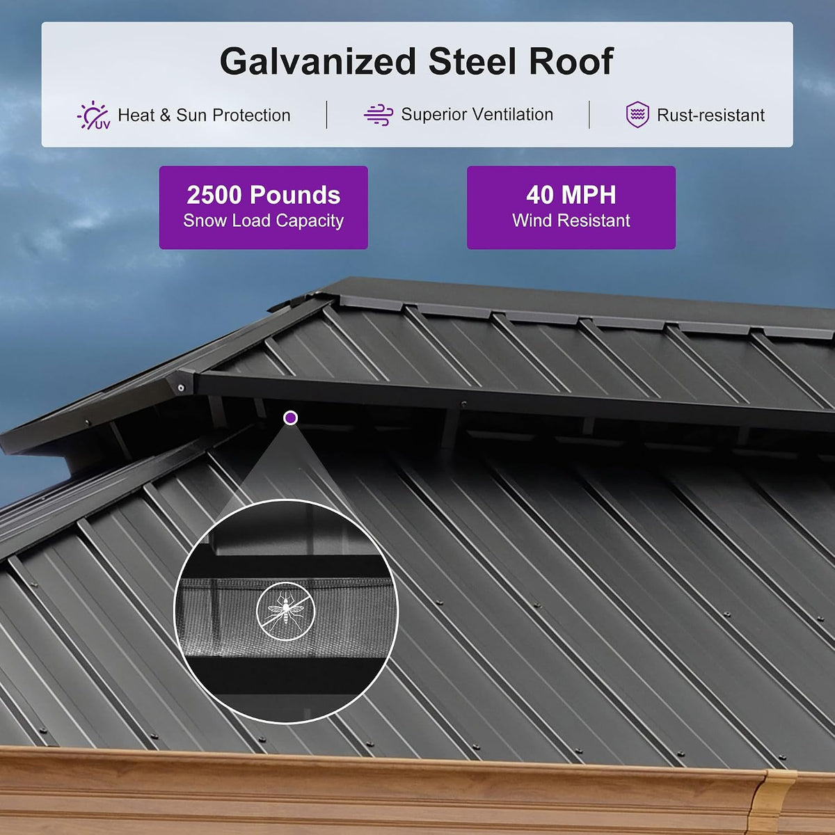 PURPLE LEAF 12' X 18' Outdoor Hardtop Gazebo for Patio Galvanized Steel Double Roof Permanent Canopy Teak Finish Coated Aluminum Frame Pavilion Gazebo with Netting