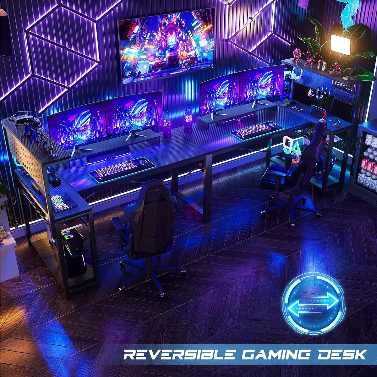 Homieasy Small Gaming Desk with Power Outlets Pegboard LED Light, 51 Inch L Shaped Computer Desk with Monitor Stand Storage Shelves, Reversible Corner Desk with Headset Hooks, Carbon Fiber Black
