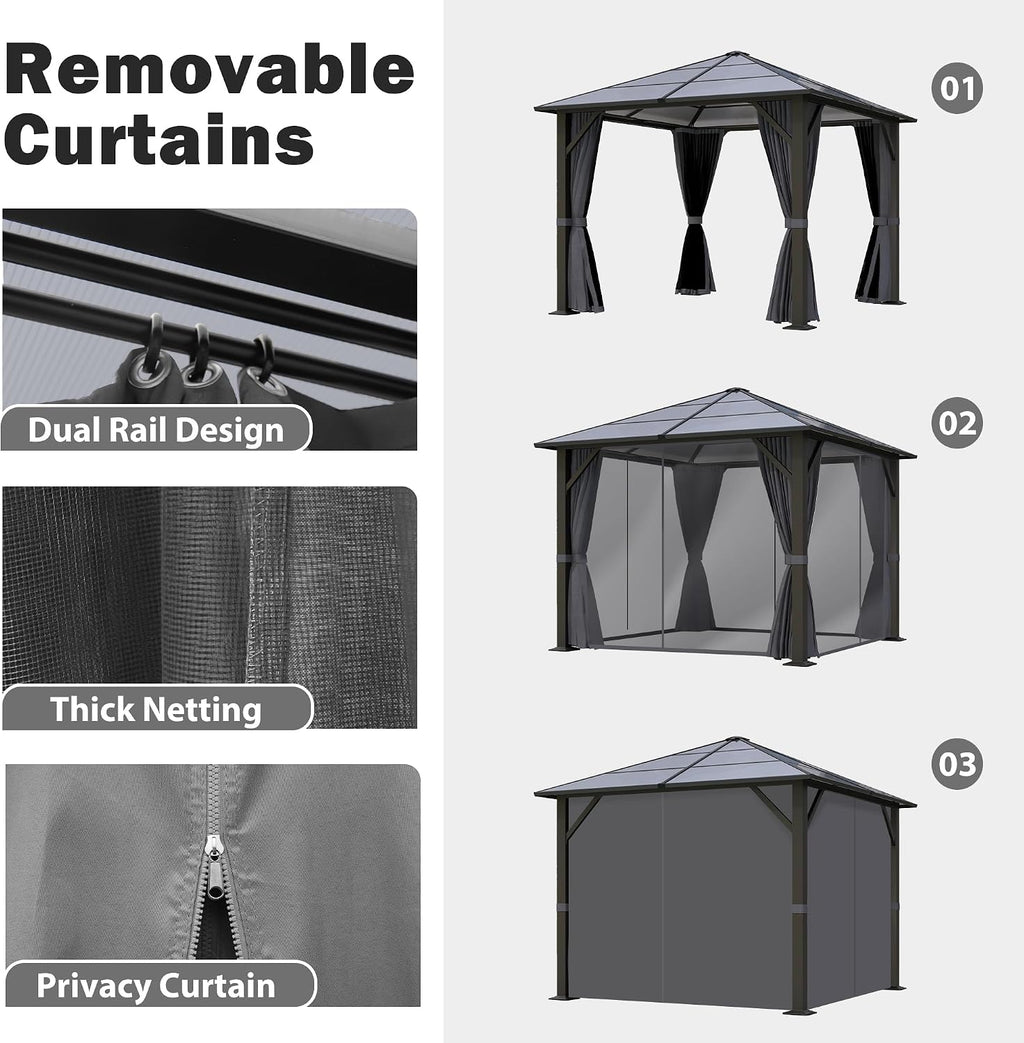 10x10FT Gazebo Hardtop, Outdoor Patio Gazebos with Polycarbonate Roof & Steel Frame, Outdoor Pavilion with Gray Curtain&Netting for Backyard/Lawn/Garden/Deck