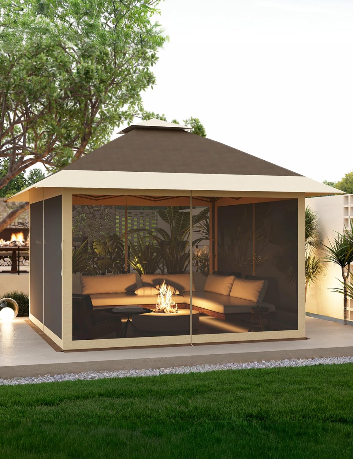 KYBOLT 12x12 Pop Up Gazebo Outdoor Canopy Shelter with Mosquito Netting 4 Stanbags Instant Gazebo Tent for Lawn, Garden, Backyard, Deck (Khaki + Dark Khaki)