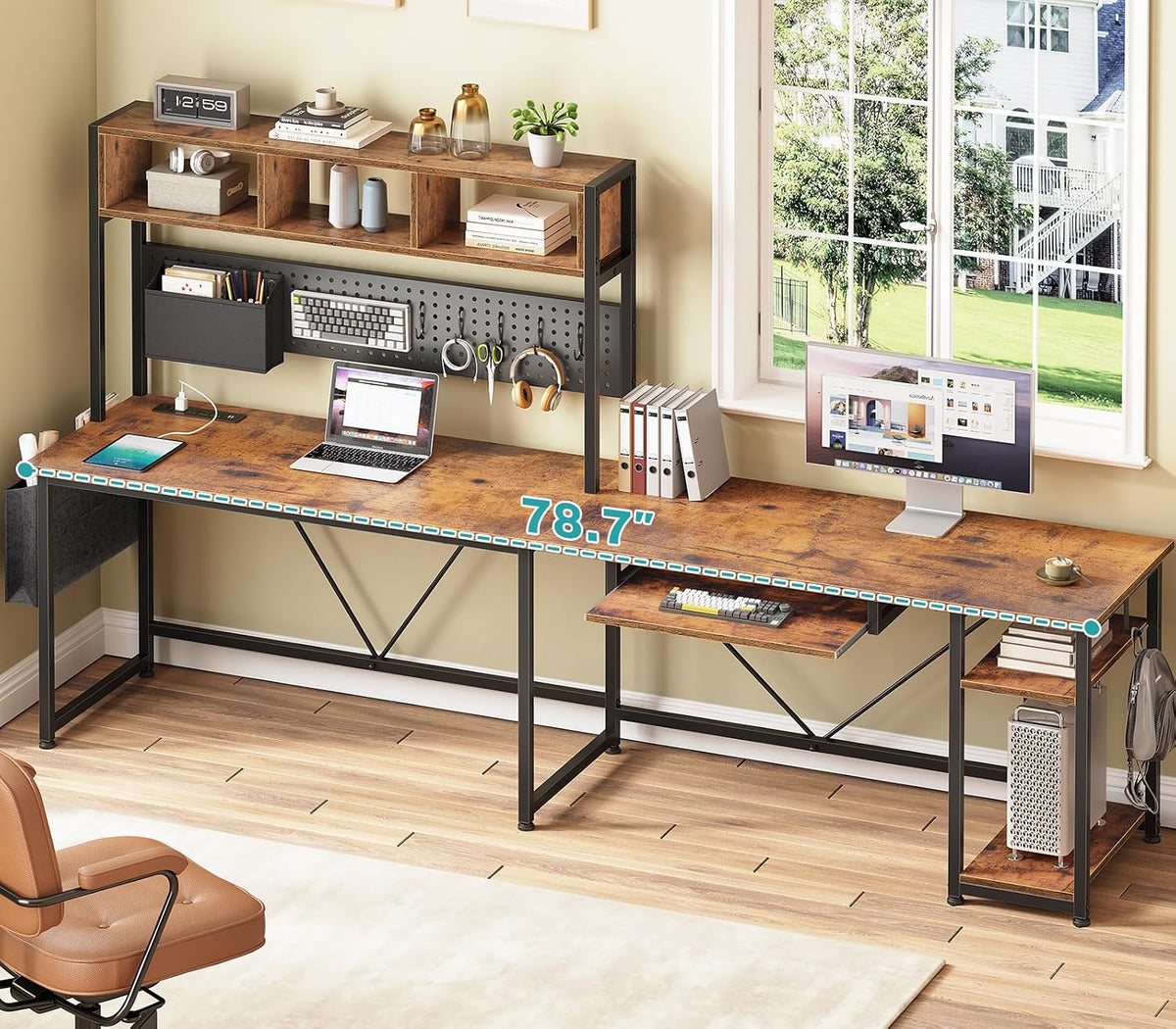 SEDETA L Shaped Gaming Desk with Hutch, 57.5' Reversible Corner Computer Desk with Storage Shelves, Gaming Desk with Pegboard, LED Lights, Power Outlet, Keyboard Tray (Rustic Brown)