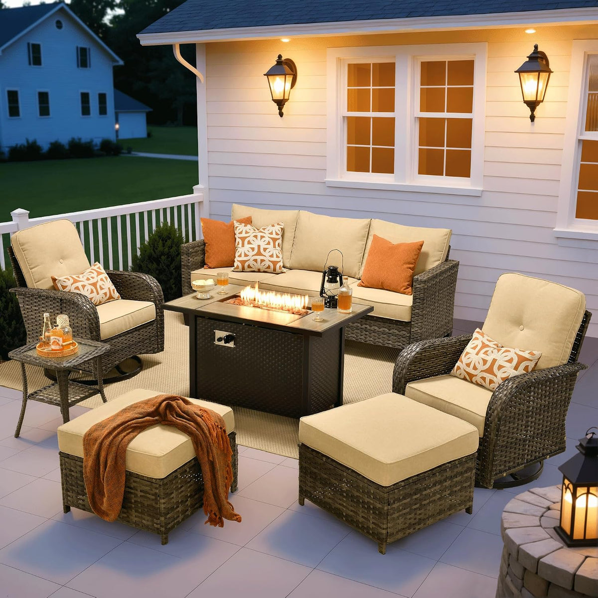 ovios 7 Pieces Patio Furniture Set, Outdoor Wicker Sofa Couch with Rocking Swivel Chairs Fire Pit Table, Modern Deep Seat Rattan Conversation Sets for Deck Porch, Beige