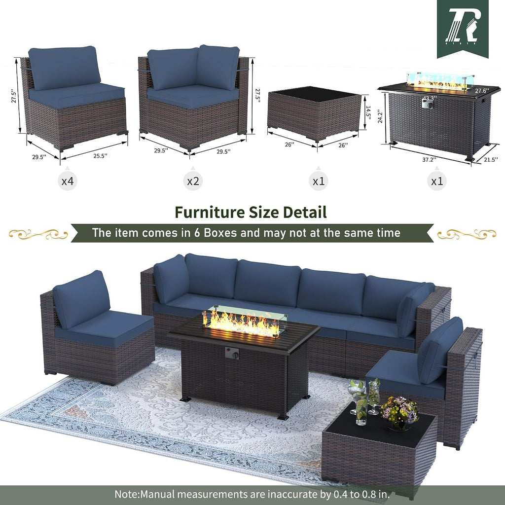 8 Pieces Outdoor Patio Furniture Set,Outdoor Sectional Furniture with 43' 55000 BTU Gas Propane Fire Pit Table,All Weather PE Rattan Wicker Patio Conversation Set,Navy Blue