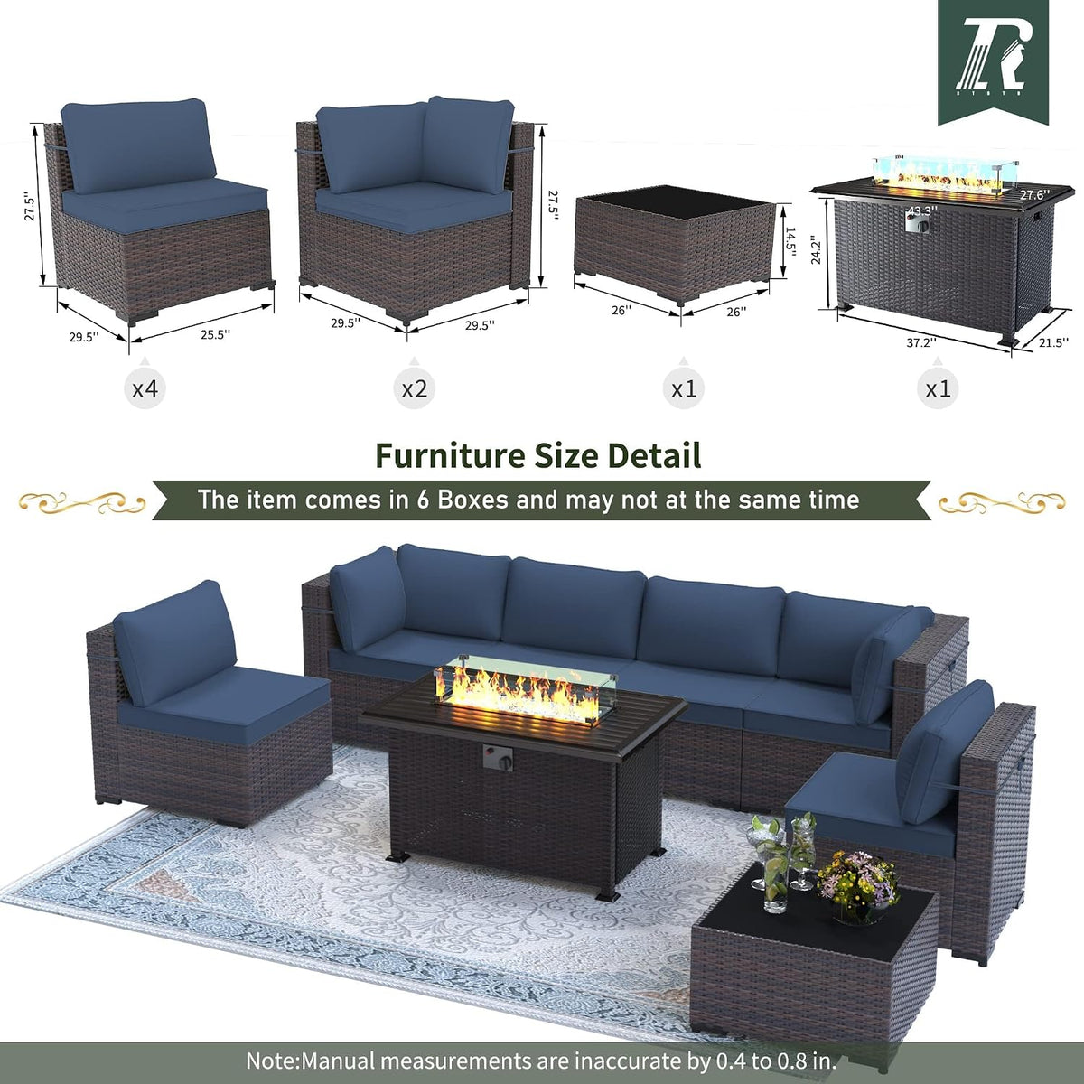 8 Pieces Outdoor Patio Furniture Set,Outdoor Sectional Furniture with 43' 55000 BTU Gas Propane Fire Pit Table,All Weather PE Rattan Wicker Patio Conversation Set,Navy Blue