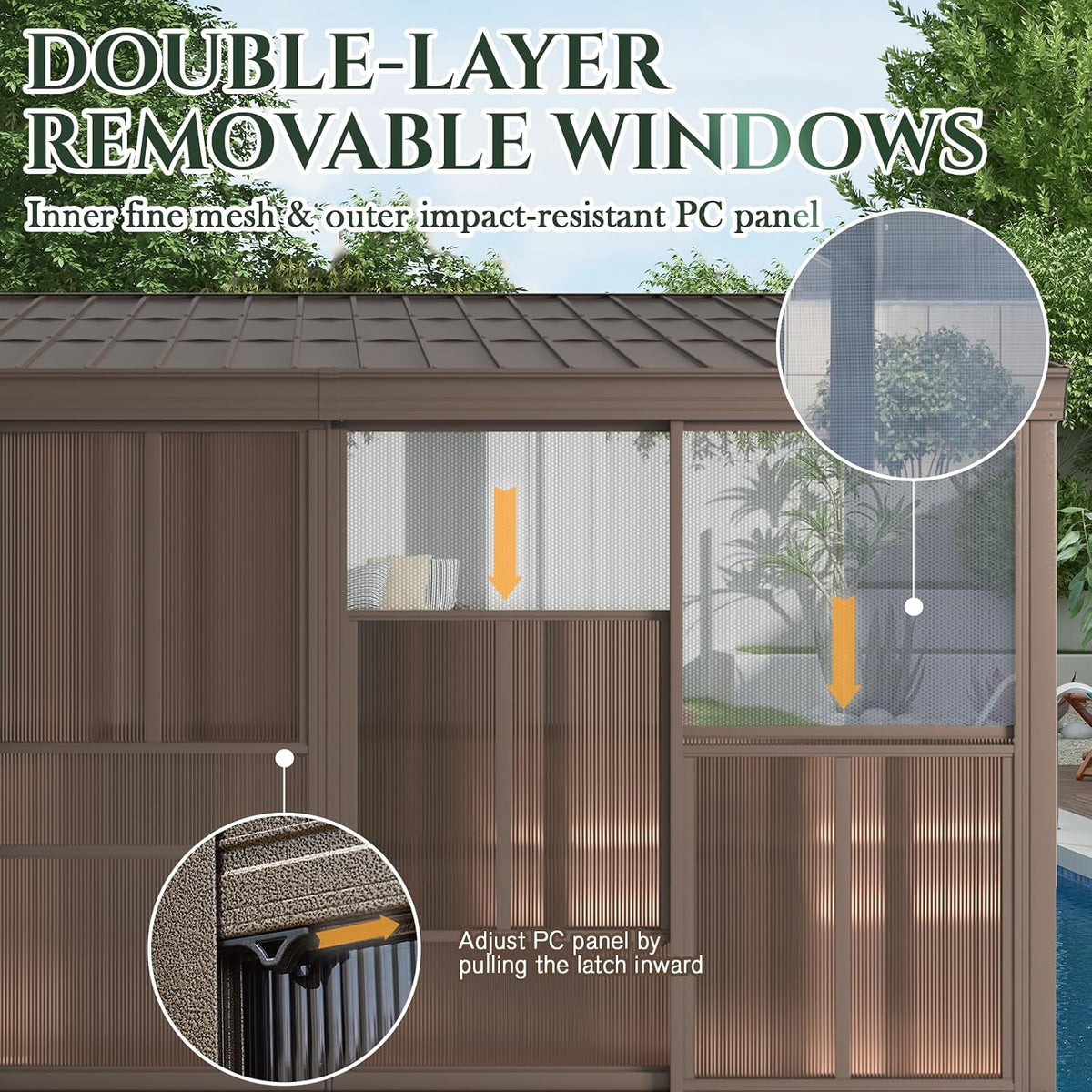 EROMMY 10x14 Lean-to Sunroom Gazebo, Enclosed Patio Shelter with Sliding Doors, Galvanized Steel Roof and Polycarbonate Wall Panels, Aluminum Frame for Backyard