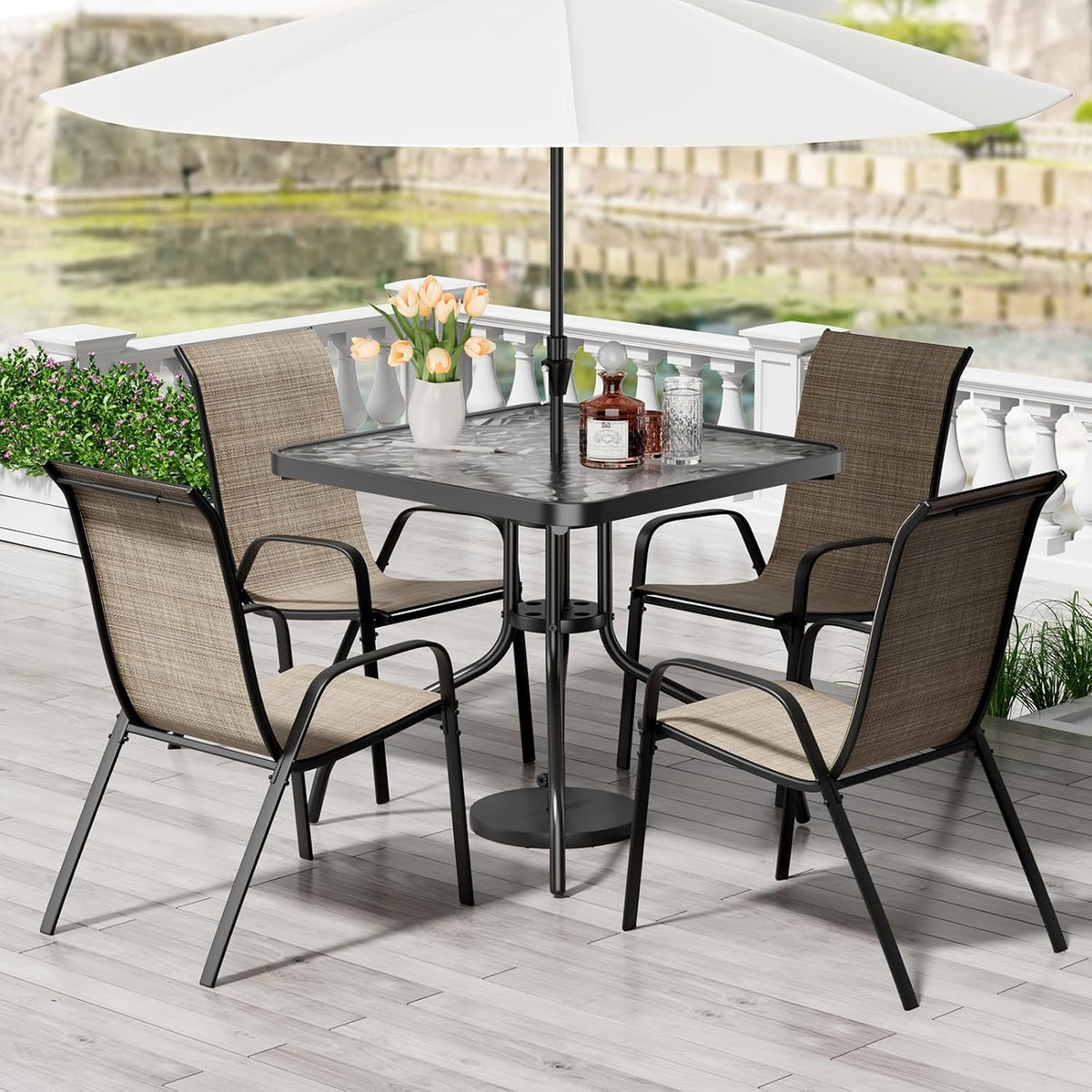 TLSUNNY Patio Dining Set 5 Pieces, All Weather Outdoor Furniture W/30'X 30' Table and 4 Stackable Textilene Chairs, Metal Table and Chairs for Lawn, Garden, Poolside, Backyard (Umbrella not Included)