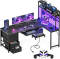AODK 59 Inch L Shaped Desk with 4 Drawers, Gaming Desk with Led Lights & Power Outlets, Computer Desk with Pegboard & Keyboard Tray, Reverisble Home Office Desk with Storage Shelves & CPU Stand, Black