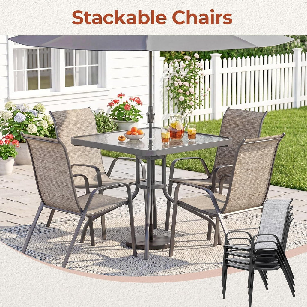 TLSUNNY Patio Dining Set 5 Pieces, All Weather Outdoor Furniture W/30'X 30' Table and 4 Stackable Textilene Chairs, Metal Table and Chairs for Lawn, Garden, Poolside, Backyard (Umbrella not Included)