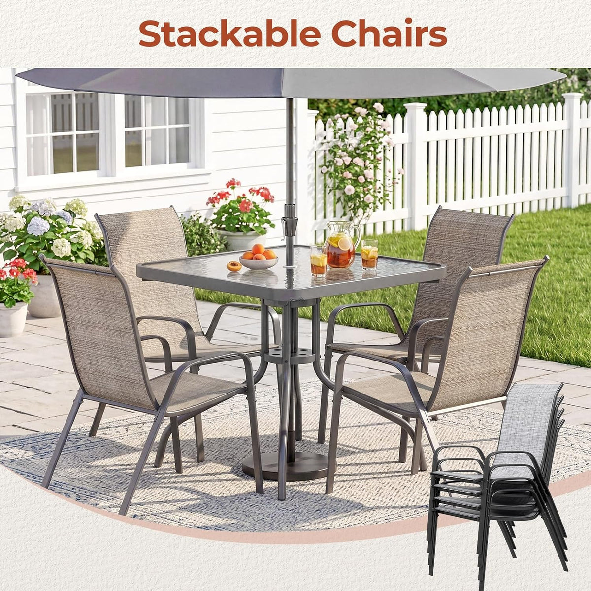 TLSUNNY Patio Dining Set 5 Pieces, All Weather Outdoor Furniture W/30'X 30' Table and 4 Stackable Textilene Chairs, Metal Table and Chairs for Lawn, Garden, Poolside, Backyard (Umbrella not Included)