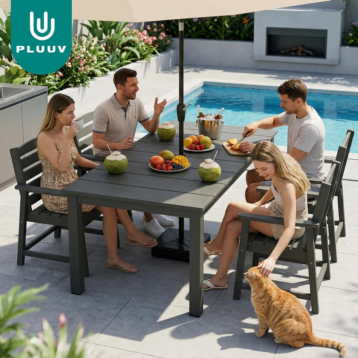 PLUUV Patio Dining Chairs Set of 2, HDPE Armless Patio Chairs with 350 lbs Weight Capacity, All-Weather Outdoor Dining Chairs for Backyard, Garden, Deck, Wood-Like Texture, Grey