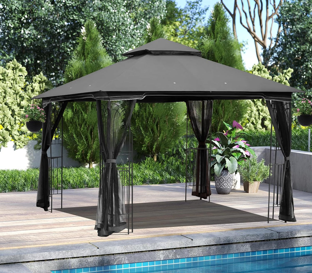 ECOTOUGE Outdoor Gazebo 10'x10', Heavy Duty Canopy Tent with Soft Double Roofs & Metal Corner Frame Shelves, Party Tent Shelter with Mosquito Netting for Patio, Deck, Backyard, Grey