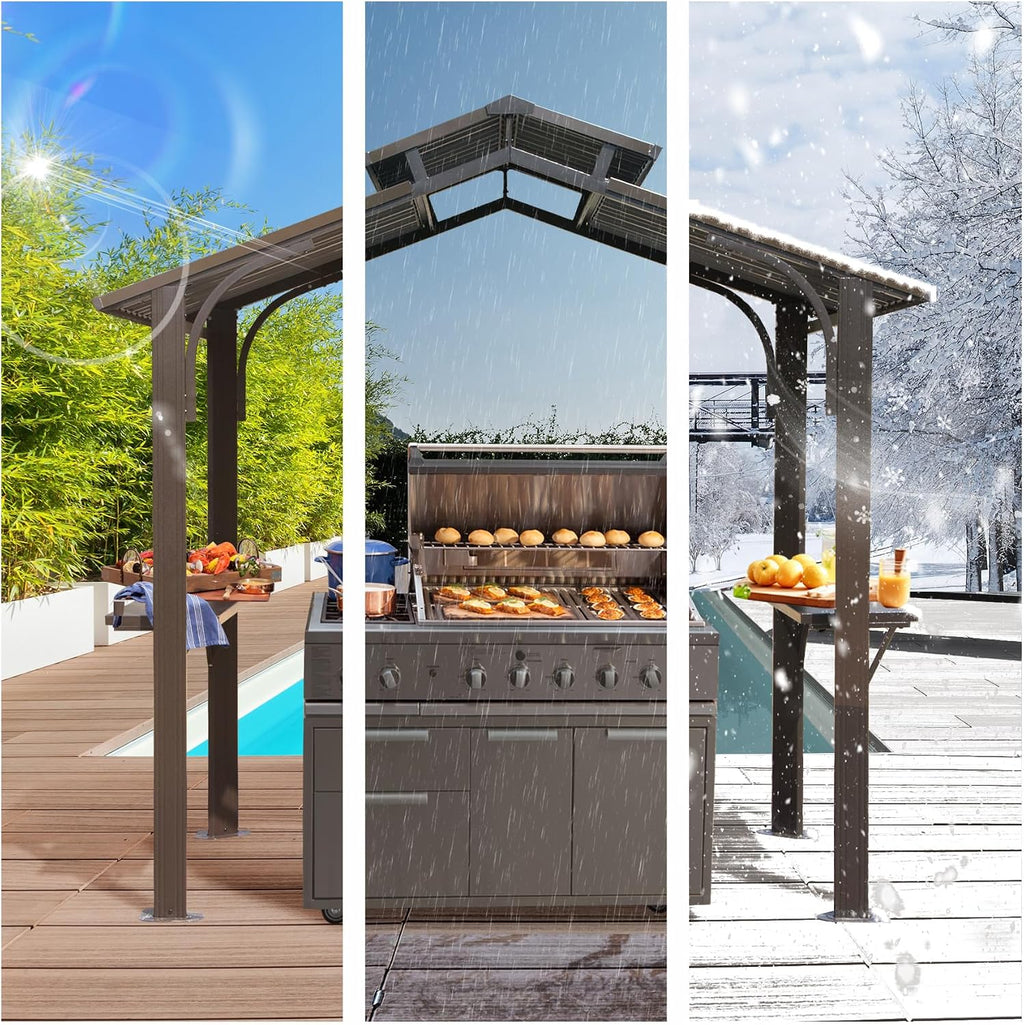 8x5FT Grill Gazebo, Outdoor Hardtop Metal Gazebo with 2 Side Shelves and Ceiling Hooks, Galvanized Steel Double Roof, All-Weather Hard Top Grill Canopy for Patio, Backyard, Lawn, Deck – Brown