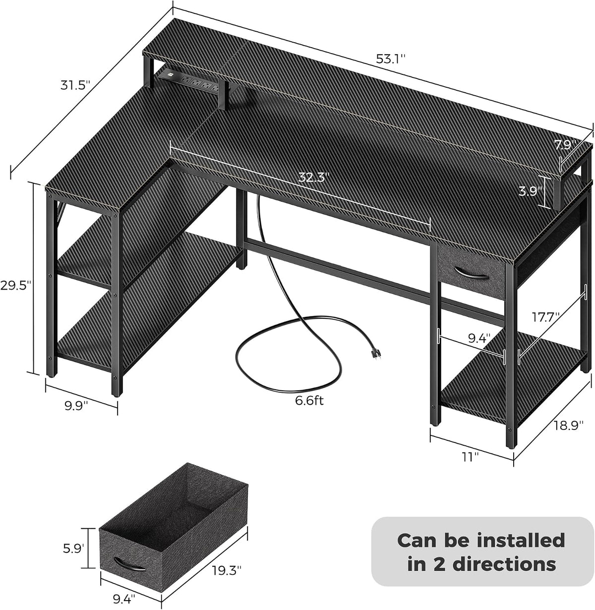 SUPERJARE 53 inch Reversible L Shaped Desk with LED Lights & Power Outlets, Computer Desk with Shelves & Monitor Stand, Gaming Desk with Drawer, Home Office Desk, Carbon Fiber Black