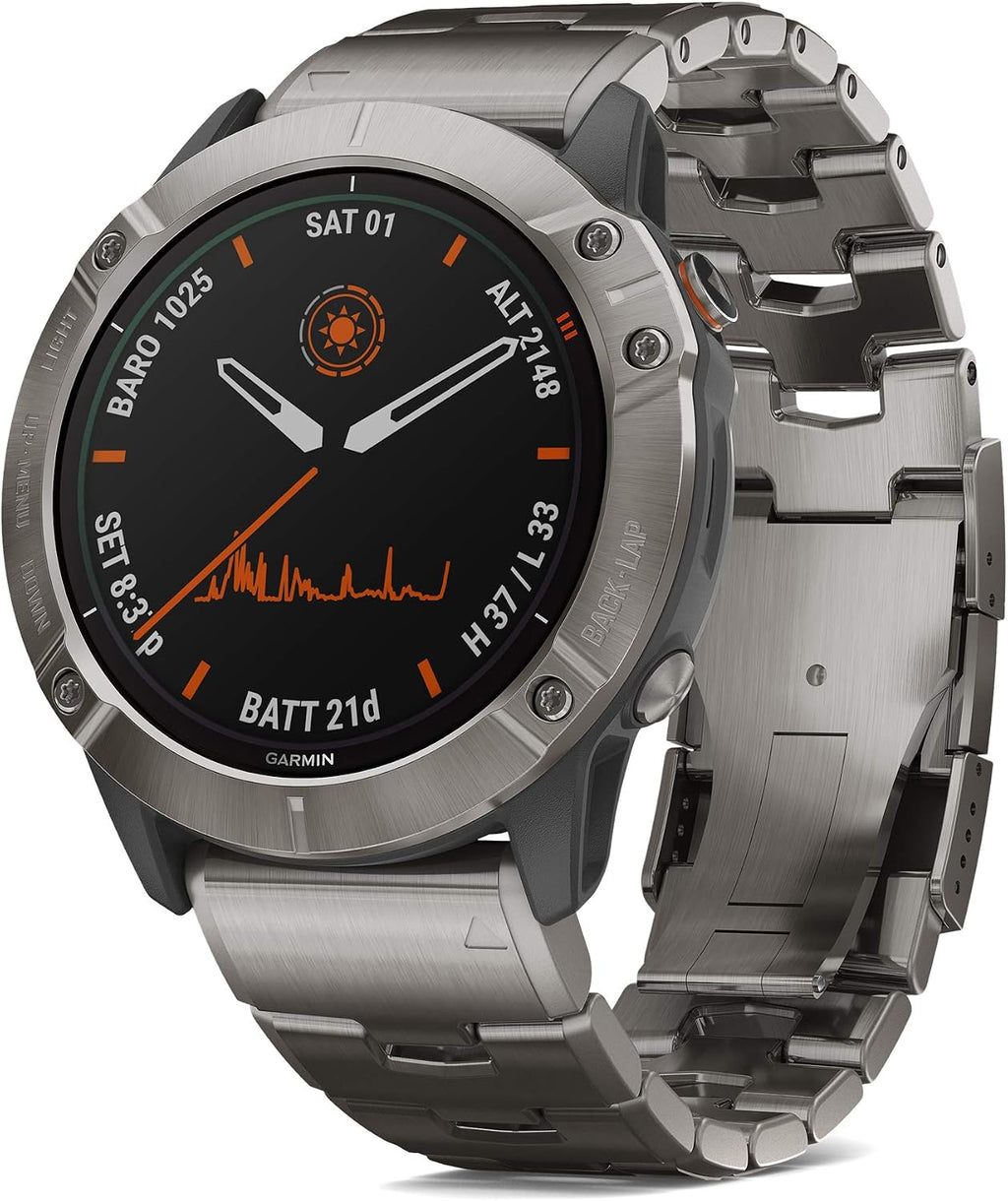 Garmin Fenix 6X Pro Solar, Premium Multisport GPS Watch with Solar Charging Capabilities, Features Mapping, Music, Grade-Adjusted Pace Guidance and Pulse Ox Sensors, Titanium