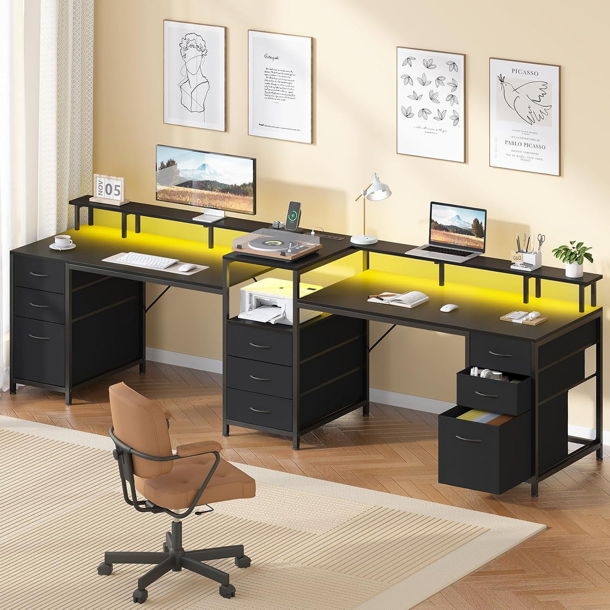 YOMILUVE 98.4' Long Computer Desk with 9 Drawers, 2 Person Gaming Desk with LED Lights & Power Outlet, Two Person Home Office Desk with Storage, Printer Shelf ＆ Monitor Stand, Black