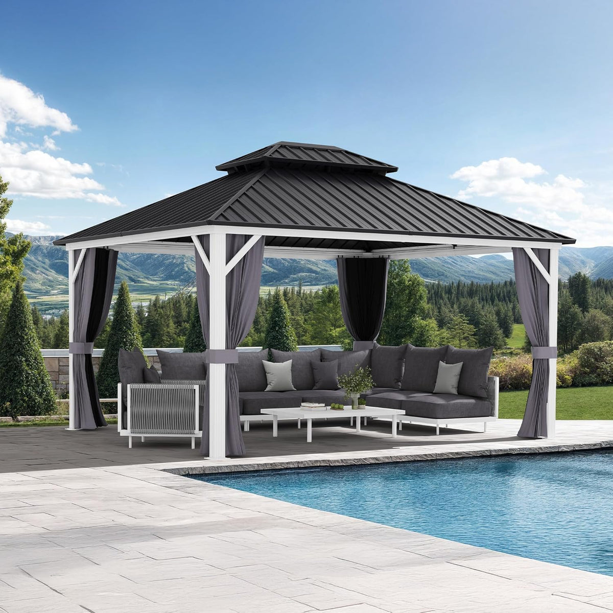 PURPLE LEAF 12' X 14' Hardtop Gazebo Metal Double Roof White Aluminum Frame Outdoor Heavy Duty Gazebo with Curtain and Netting for Patio Garden and Backyard, Grey