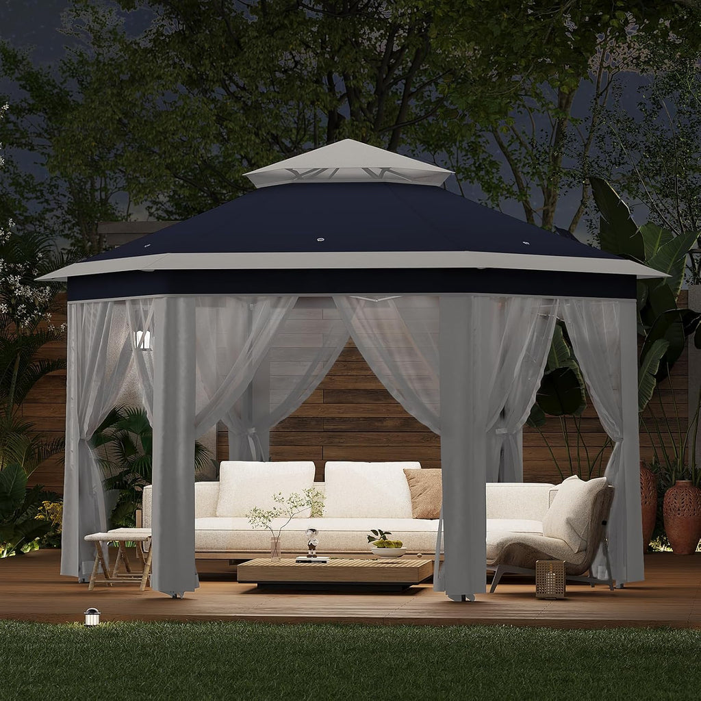 13' x 13' Pop-Up Gazebo, Hexagonal Canopy Shelter with 6 Zippered Mesh Netting, Event Tent with Strong Steel Frame for Backyard, Garden, Lawn, Blue and Beige