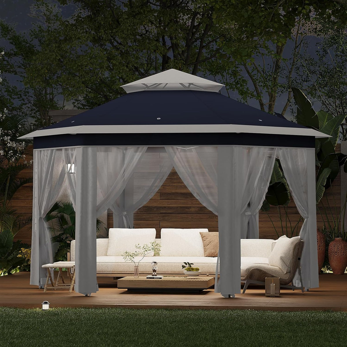 13' x 13' Pop-Up Gazebo, Hexagonal Canopy Shelter with 6 Zippered Mesh Netting, Event Tent with Strong Steel Frame for Backyard, Garden, Lawn, Blue and Beige