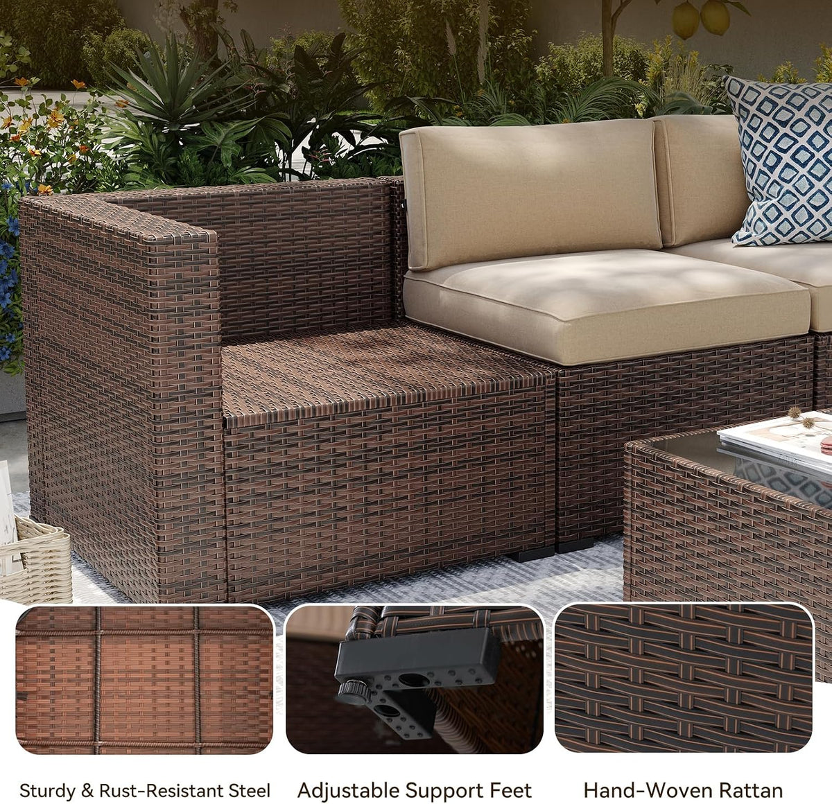 Aoxun Patio Furniture Sets, 8-Piece Outdoor Patio Furniture with 44'' Propane Gas Firepit Table, Wicker Outdoor Conversation Set Sectional Sofa for Backyard, Poolside, Garden (Black Cushion)