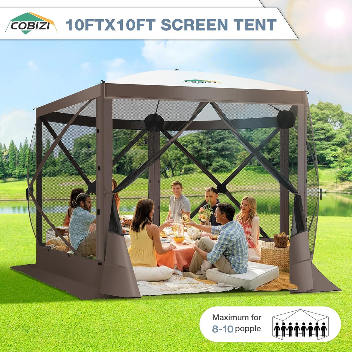 COBIZI Pop Up Gazebo Screen Tent Screen House for Camping, 10FTx10FT Screen Room with Mosquito Netting, Hub Tent Instant Screened Canopy with Carrying Bag and Ground Stakes, Brown