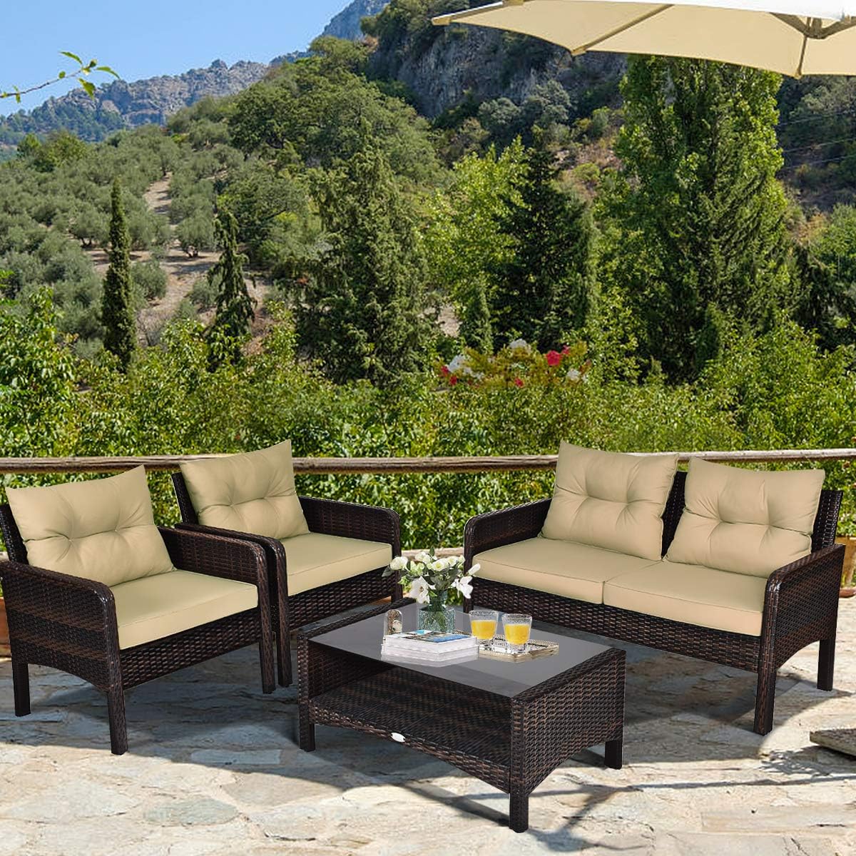 HAPPYGRILL 4-Piece Patio Furniture Outdoor Rattan Wicker Sofa Set with Cushions & Coffee Table with Tempered Glass Table Top and Storage Shelf
