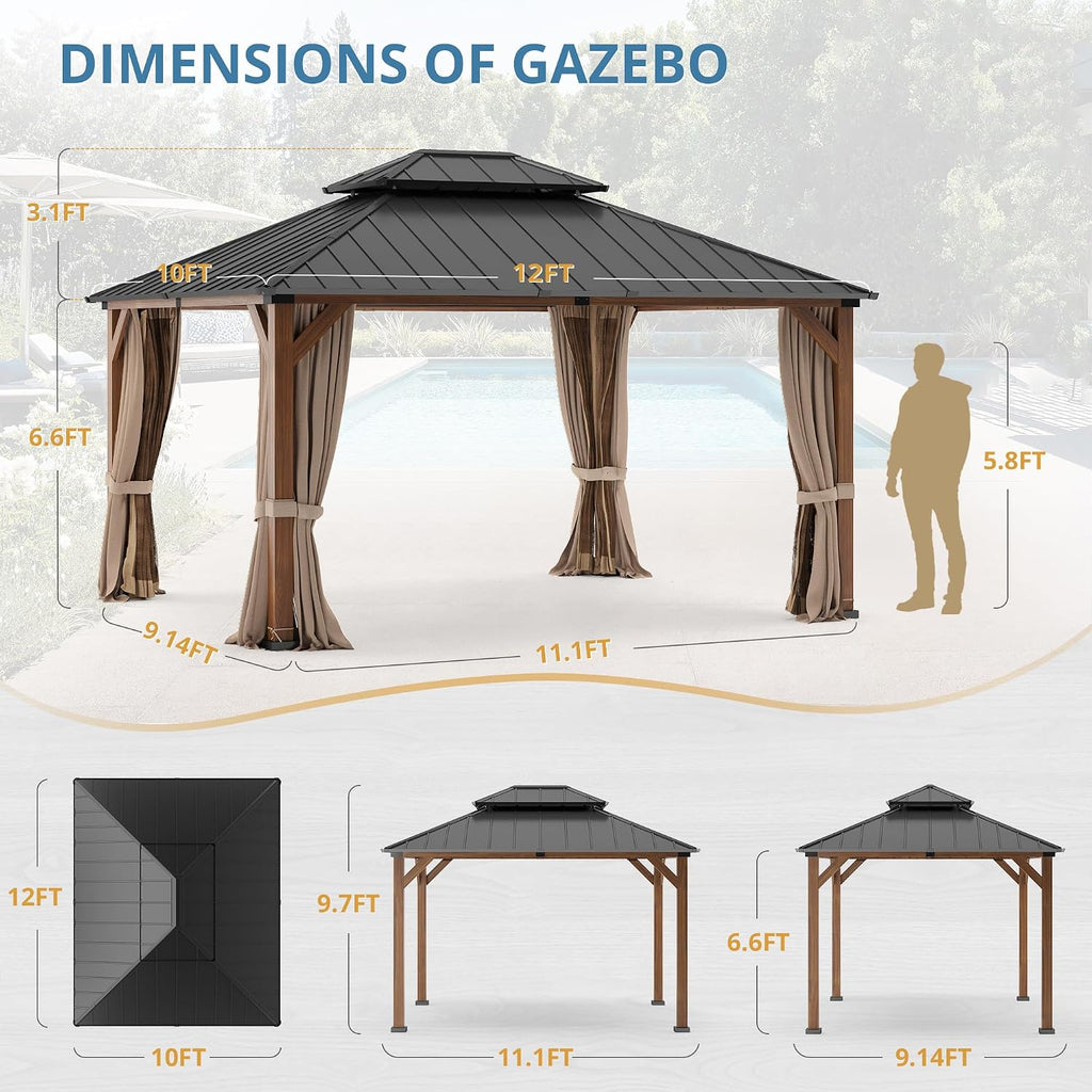 LUE BONA 10x12 Hardtop Gazebo, Galvanized Steel Double Roof Permanent Pavilion with Wood-Like Aluminum Frame, Outdoor Metal Gazebo Canopy with Nettings and Curtains for Deck, Patio, Backyard