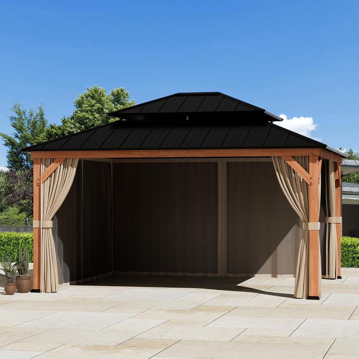Covered Outdoor Outdoor Gazebo Privacy Curtains & Mosquito Netting with Zipper for 13' x 15' Cedar Wood Gazebo, Replacement Universal 4-Panel Sidewalls, Replacement for Patio Canopy, Khaki