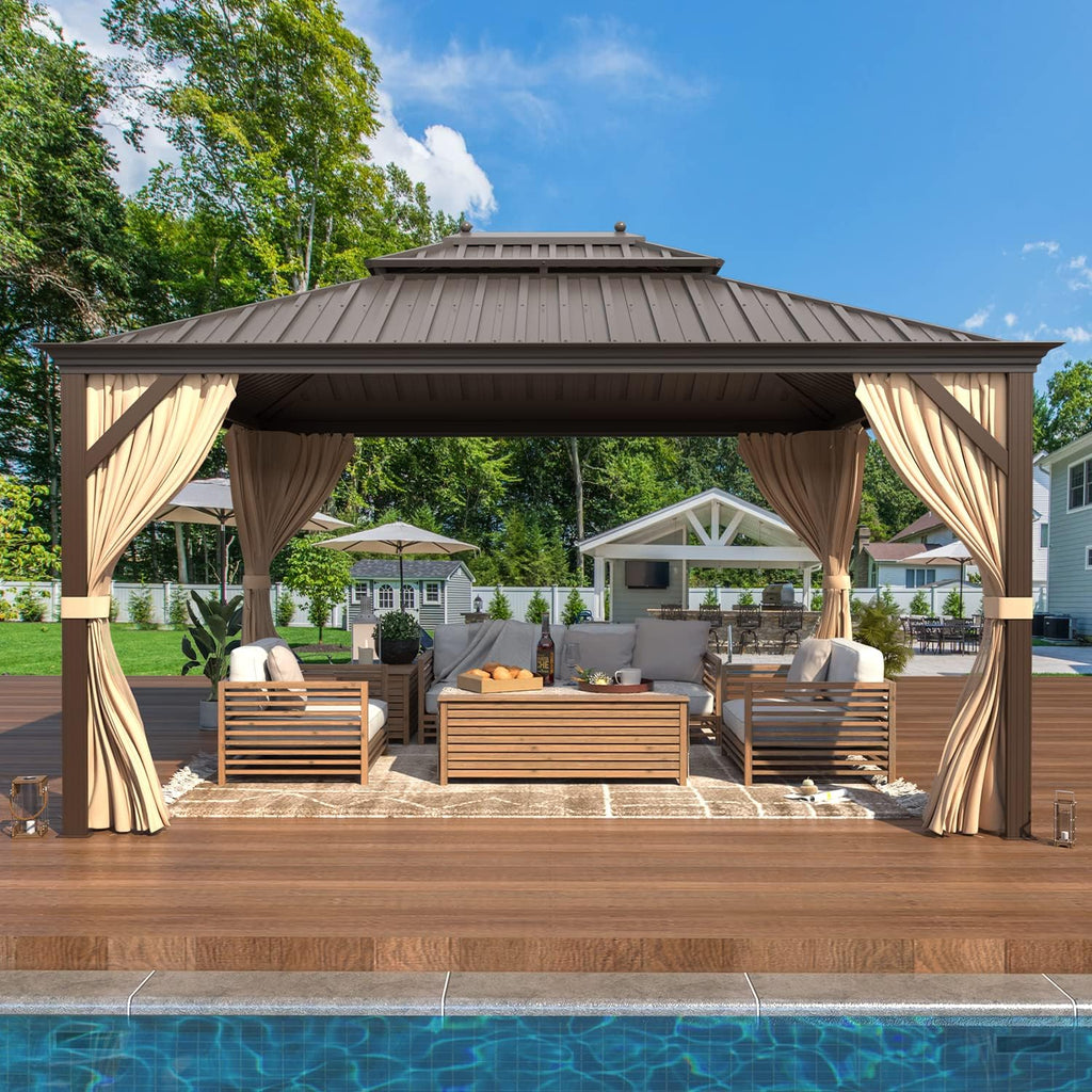 YOLENY 10' x 12' Hardtop Gazebo with Double Galvanized Steel Roof & Gutters, Aluminum Frame Pergolas with Curtains and Netting, Metal Outdoor Gazebos for Patios, Garden, Lawns, Parties