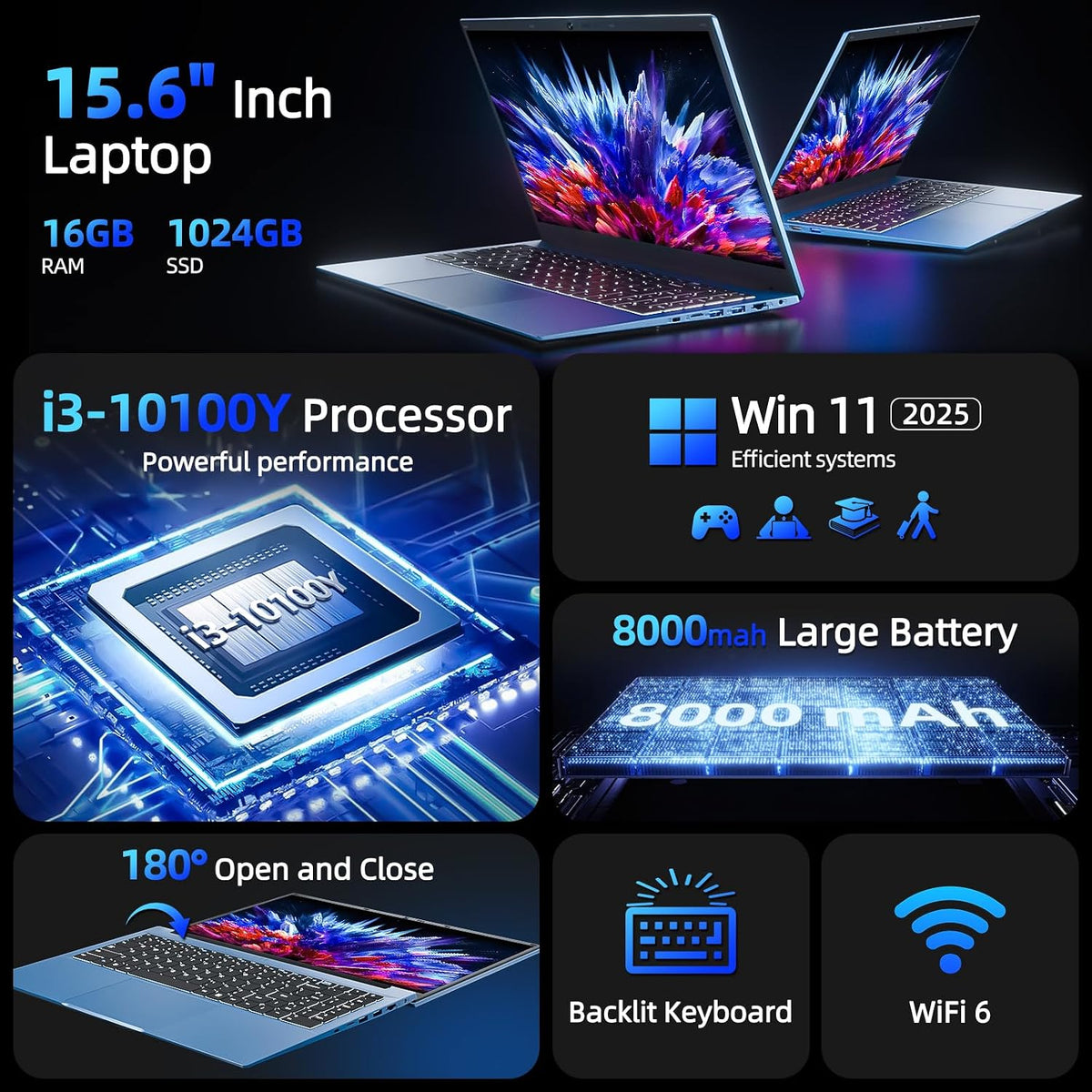 15.6 Inch Laptop Computer, Laptops with 16GB RAM 1024GB SSD, Core i3-10100Y CPU(Up to 3.9GHz), IPS FHD Display, Backlit Keyboard, WiFi 6, 53.2WH Battery, 180° Viewing, Type-C, HDMI