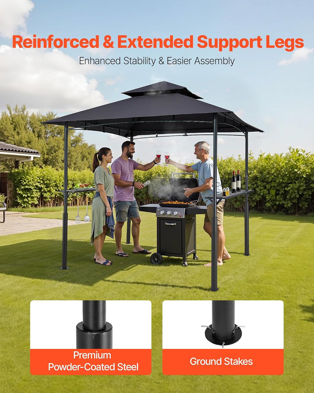 VEVOR Grill Gazebo, 8 x 5 ft Reinforced Outdoor BBQ Gazebo with Double-Tiered Roof, Powder-Coated Steel Patio Grill Shelter with 2 Side Shelves & 8 Hooks, Grilling Canopy for Patio Backyard Garden