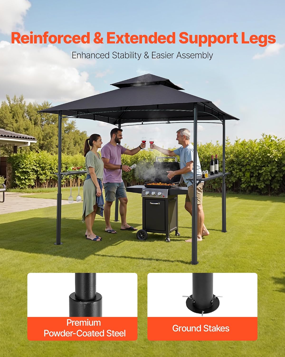 VEVOR Grill Gazebo, 8 x 5 ft Reinforced Outdoor BBQ Gazebo with Double-Tiered Roof, Powder-Coated Steel Patio Grill Shelter with 2 Side Shelves & 8 Hooks, Grilling Canopy for Patio Backyard Garden