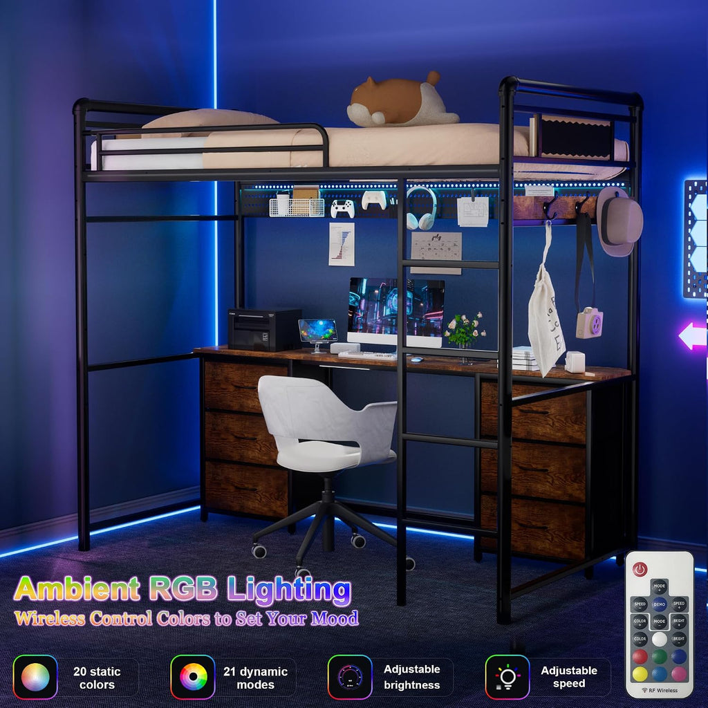 Loft Bed with Desk, Gaming Bunk Bed with Stairs, Twin Metal Loft Bed Heavy Duty Loft Beds for Adults, 6 Fabric Drawers, LED Lights & Charging Sation, No Noise & No Box Spring Needed, Brown