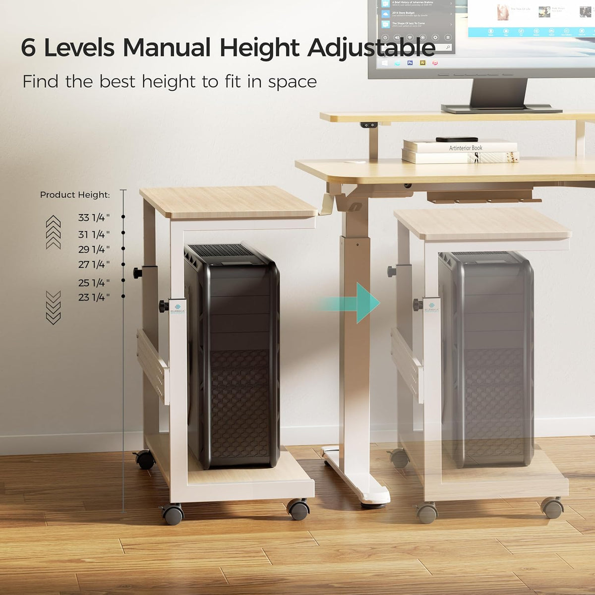 EUREKA ERGONOMIC PC Stand Computer Cart, Height Adjustable Tower Stand 2-Tier Suit for ATX Case Printer, Metal Rolling Cart on Wheels for Gaming Home Office, Maple