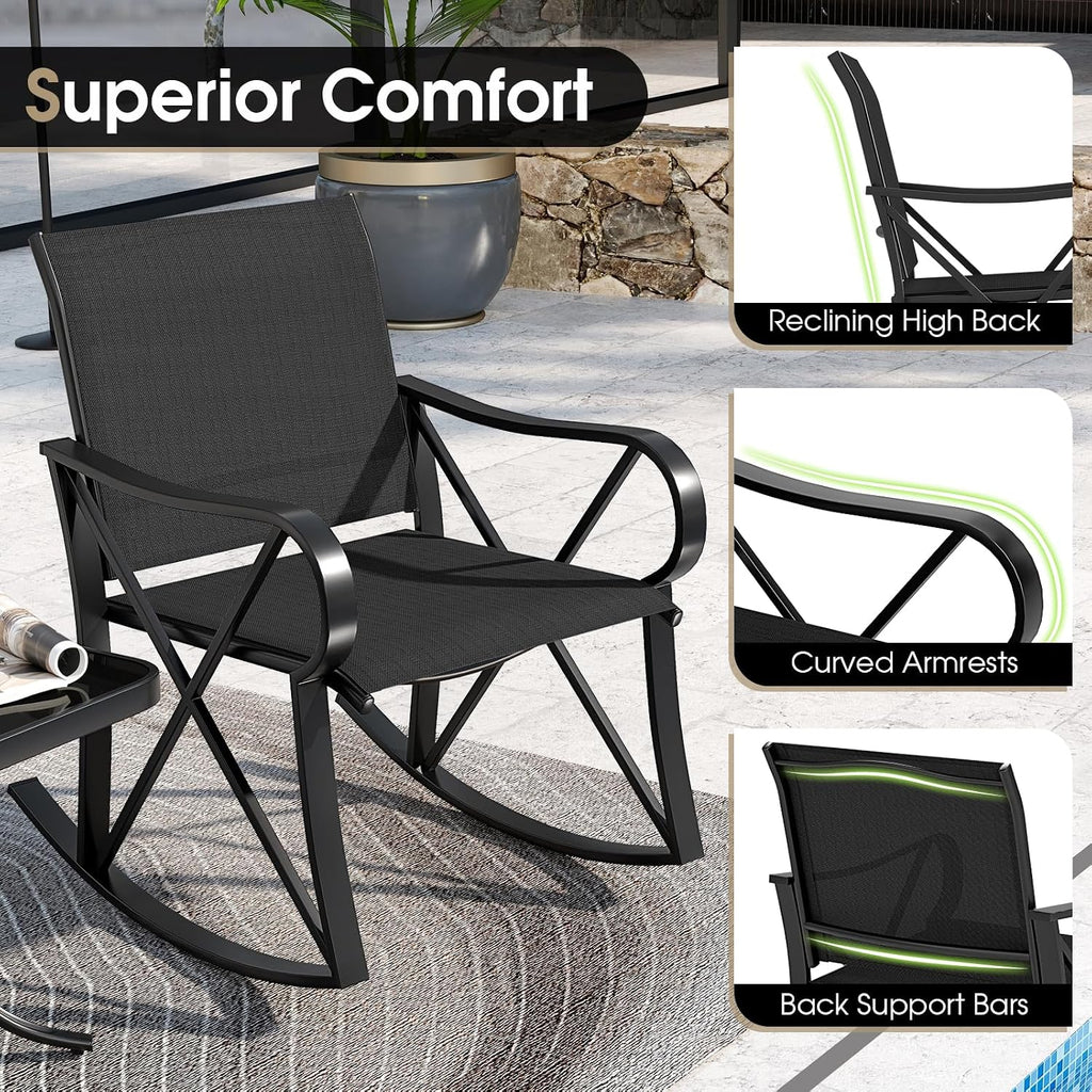 HAPPYGRILL 3-Piece Patio Rocking Bistro Set Rocker Chairs Set with Side Table, Outdoor Conversation Furniture Set with Metal Frame for Porch, Garden, Backyard, Balcony (Black)