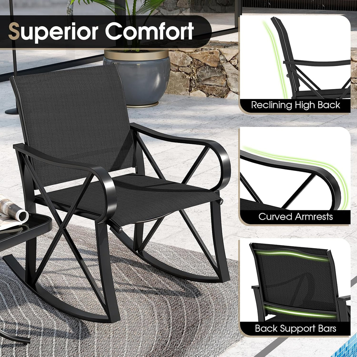 HAPPYGRILL 3-Piece Patio Rocking Bistro Set Rocker Chairs Set with Side Table, Outdoor Conversation Furniture Set with Metal Frame for Porch, Garden, Backyard, Balcony (Black)